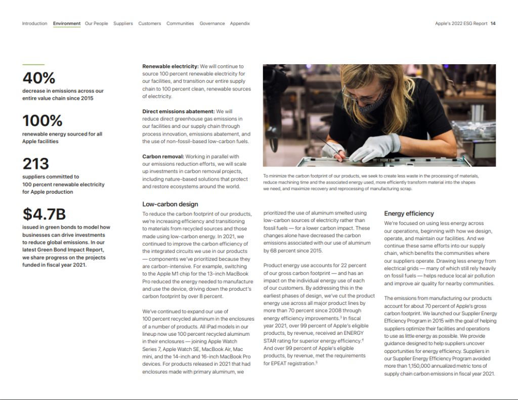 Example page from ESG report for Apple