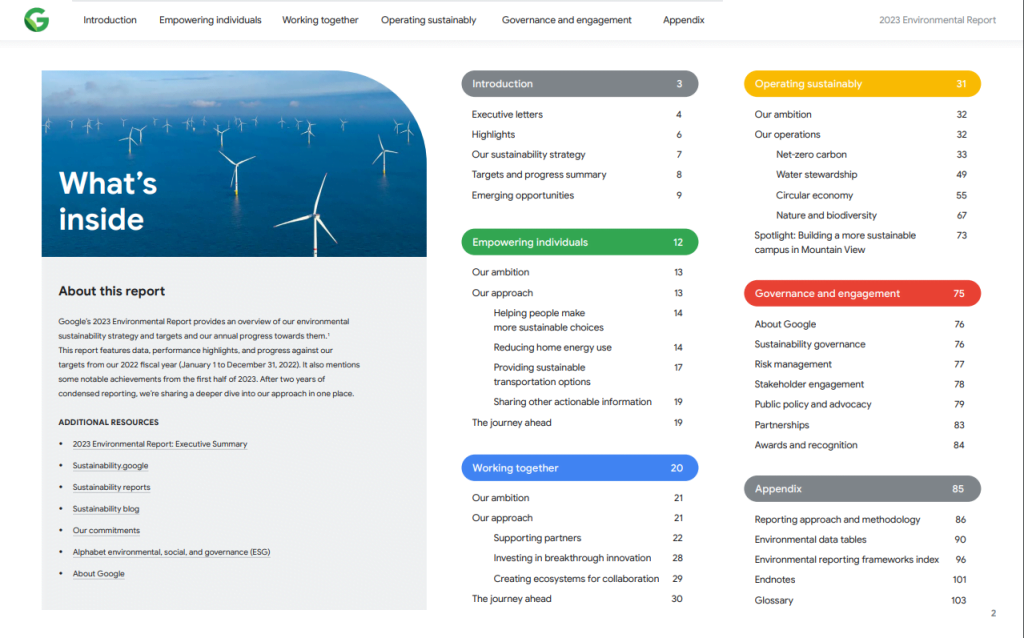 Example page from ESG report for Google