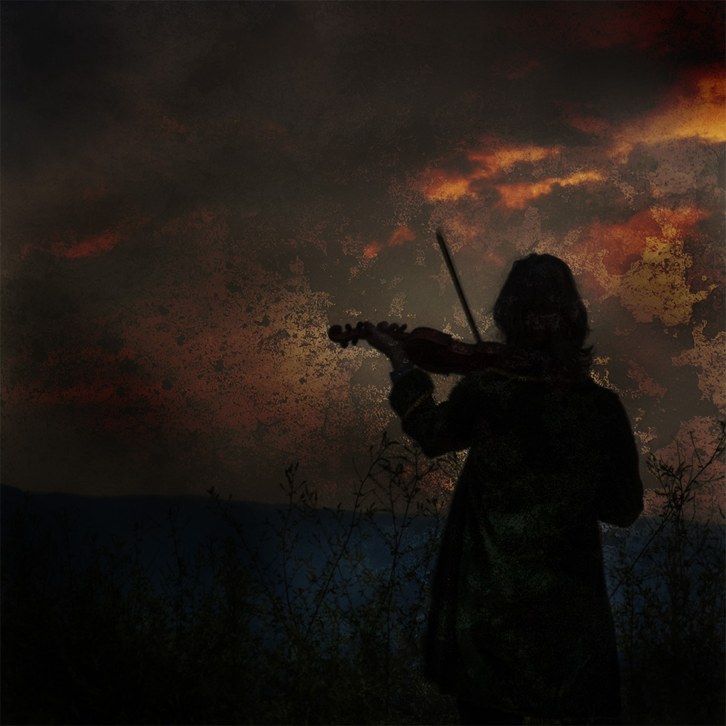 Illustration for article about the US DOE's climate report, featuring a mad dictator playing violin while all around him burns.